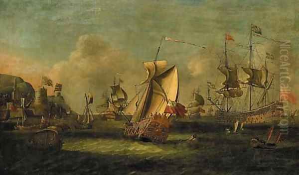 King William III arriving off Carrickfergus, Ulster, 14 June 1690, at the start of his Irish Campaign Oil Painting by English School