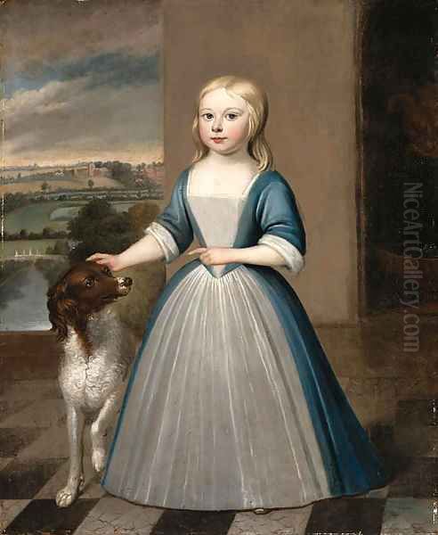 Portrait of a Girl, standing full length, in a blue and white dress with a dog on a terrace Oil Painting by English School