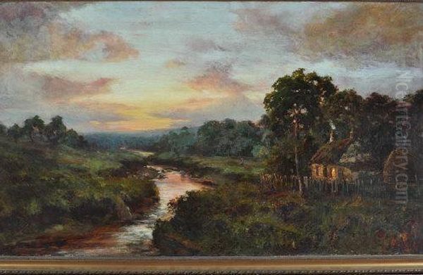 A Farm By A River At Sunset Oil Painting by John Falconar Slater