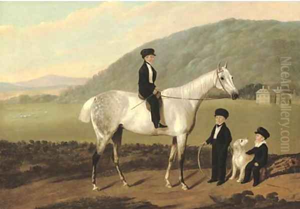 Three boys, one on a horse, in the grounds of a country house Oil Painting by English School