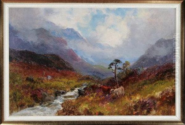 Highland Cattle By A Misty Moorland Burn Oil Painting by John Falconar Slater