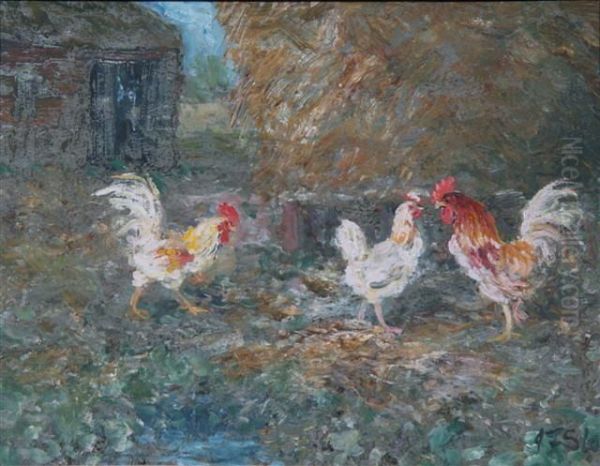 Chickens By A Barn In A Woodland Oil Painting by John Falconar Slater