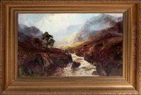 Cattle On The Bank Of An Upland River Oil Painting by John Falconar Slater