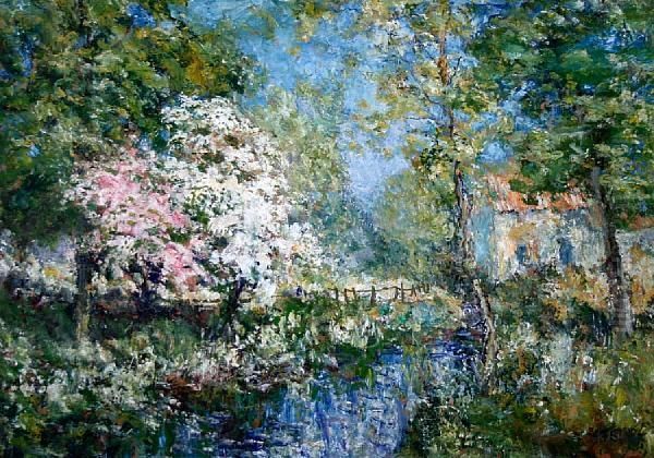 Woodland Stream With Blossom Trees Oil Painting by John Falconar Slater