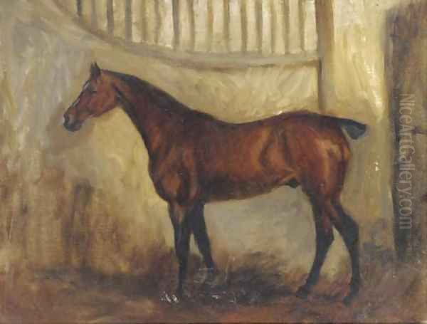 A bay horse in a stable Oil Painting by English School