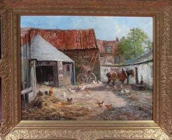 A Cart Horse And Poultry In A Farmyard Oil Painting by John Falconar Slater