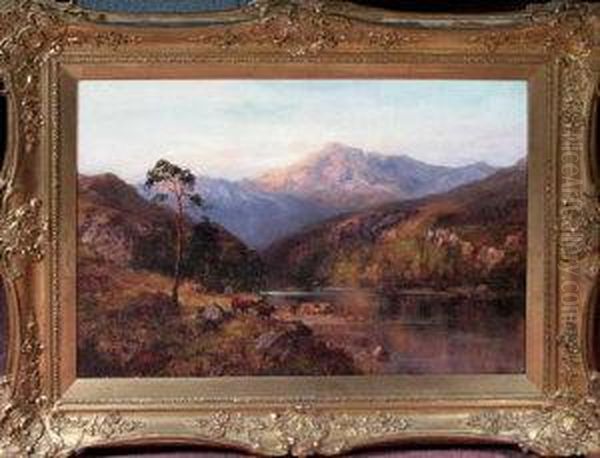 A View In The Highlands With Cattle Watering At A Riverbank Oil Painting by John Falconar Slater