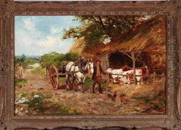 A Farmer Leading A Cart Horse Past A Cow Byer Oil Painting by John Falconar Slater