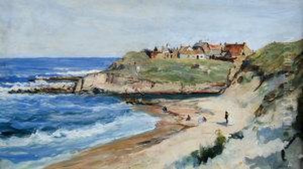 Figures On The Shore With A Village And Cliffs Inthe Distance Oil Painting by John Falconar Slater