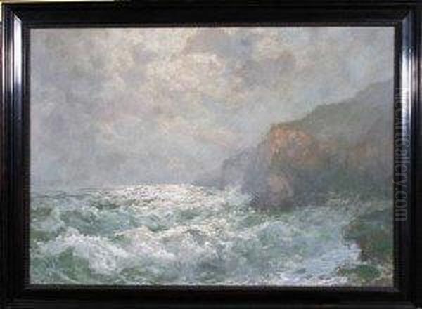 Waves Breaking Against Cliffs Oil Painting by John Falconar Slater