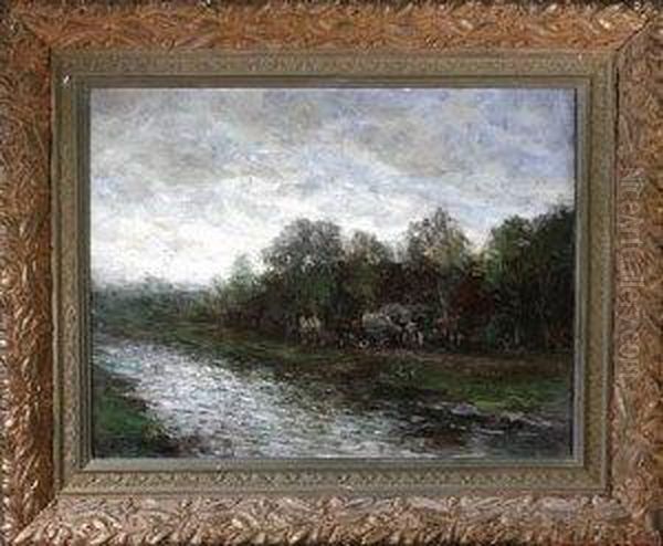 A River Landscape With A Horsecart By A Farm Oil Painting by John Falconar Slater