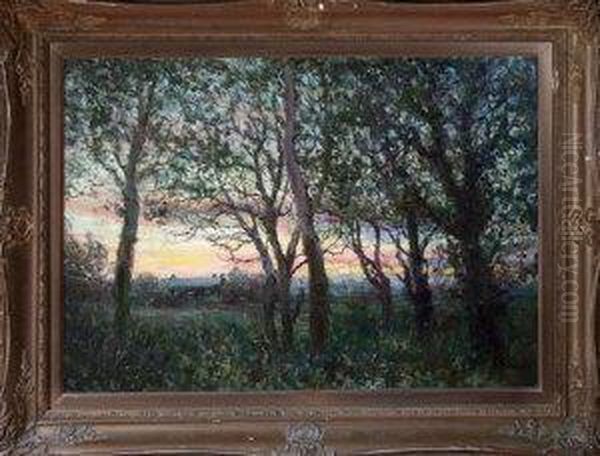 An Impressionistic Study Of Trees And A Cottage At Sunset Oil Painting by John Falconar Slater