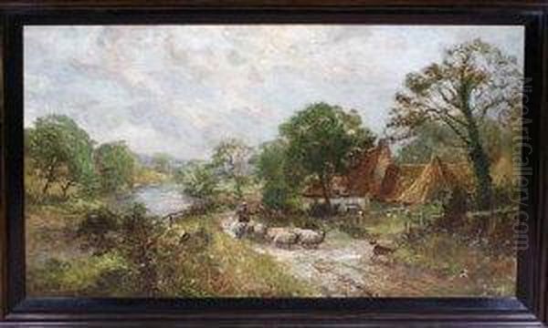 A River Landscape With A Shepherd Driving His Flock Past A Farmhouse Oil Painting by John Falconar Slater