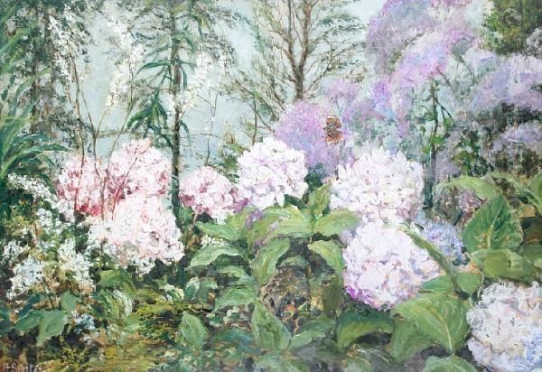 Butterfly And Hydrangeas Oil Painting by John Falconar Slater