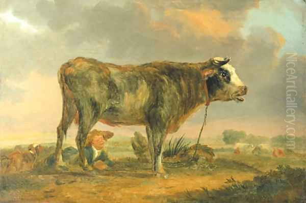 A bull in a meadow Oil Painting by English School