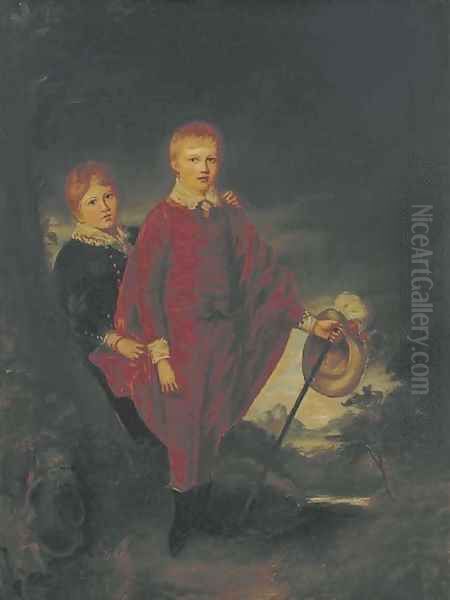 A double portrait of two boys, small full-length, in Van Dyck dress Oil Painting by English School