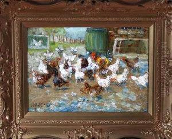 Poultry In A Yard Oil Painting by John Falconar Slater