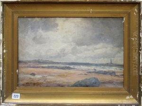 Monkseaton Beach Looking Towards St. Mary's Lighthouse Oil Painting by John Falconar Slater