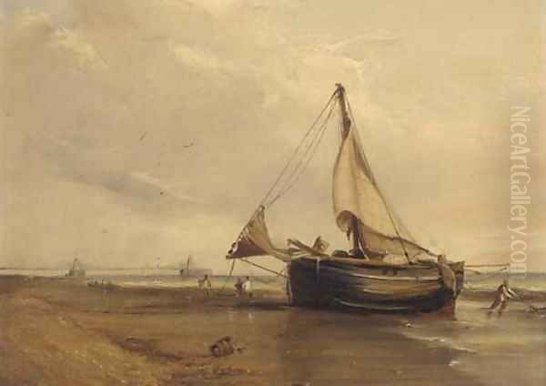 A fishing boat on the shore, Brighton Chain Pier beyond Oil Painting by English School