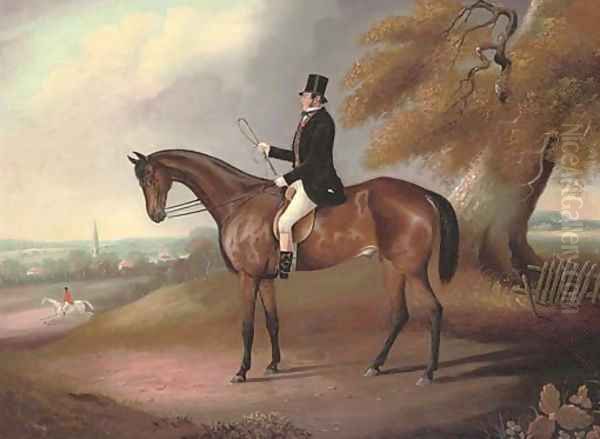 A gentleman and his hunter, a church spire beyond, in an extensive landscape Oil Painting by English School