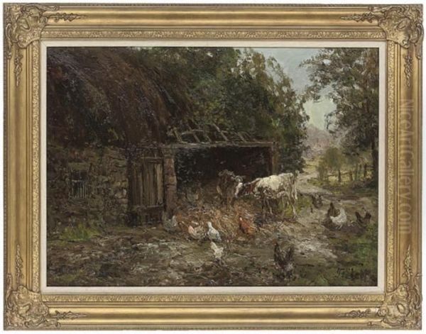 Calves And Chickens In A Farmyard Oil Painting by John Falconar Slater