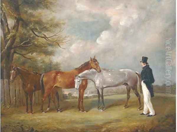 A gentleman with three horses under a tree Oil Painting by English School