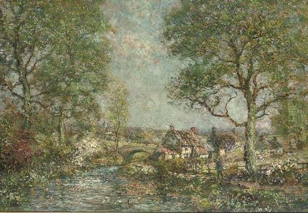 A Figure On A River Bank, Cottages And A Bridge Beyond Oil Painting by John Falconar Slater