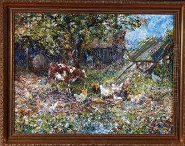 An Impressionistic Farmyard Scene With A Cart By A Pool Andchickens And A Calf Nearby Oil Painting by John Falconar Slater