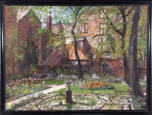 A Tynemouth Garden With An Ornamental Pond In Summer. Oil Painting by John Falconar Slater