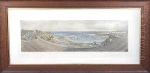 A Panoramic View Of Cullercoats Bay - Photogravure, Coloured By Hand. Oil Painting by John Falconar Slater