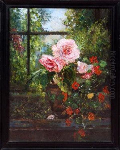 Roses And Other Flowers On A Conservatory Ledge Oil Painting by John Falconar Slater