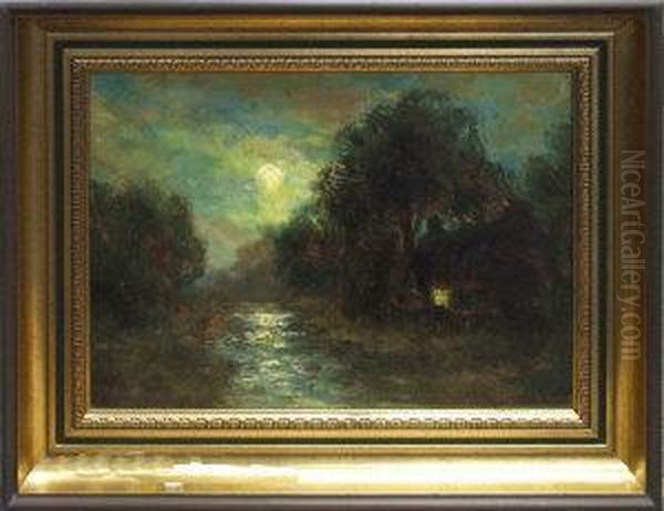 A Cottage By A River At Moonrise Oil Painting by John Falconar Slater