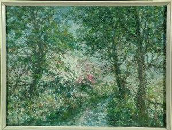 An Impressionistic Study Of Blossom Trees Along A Riverbank. Oil Painting by John Falconar Slater