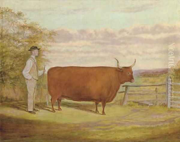 A Long-Horned bull with a farmer in a landscape Oil Painting by English School