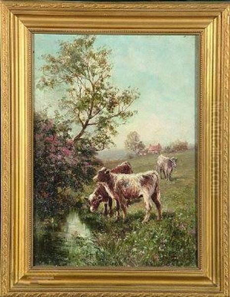 Calves In A Meadow Drinking From A Stream Oil Painting by John Falconar Slater