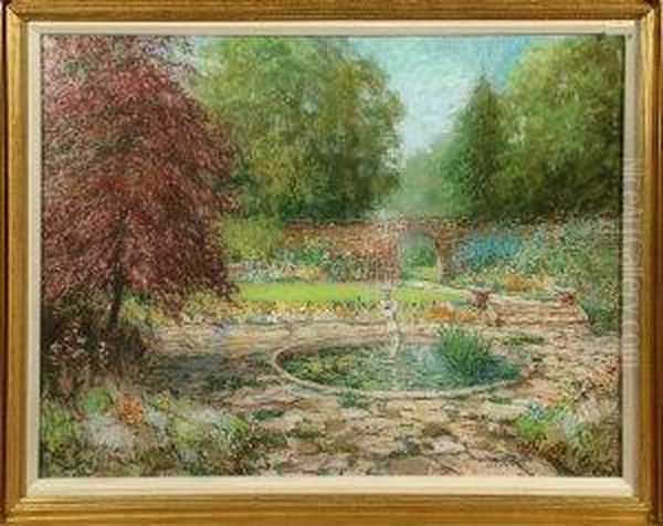 A Garden And Ornamental Pond In Summer - Oil Pastel Oil Painting by John Falconar Slater