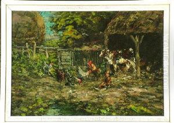 A Calf And Poultry In A Farmyard Oil Painting by John Falconar Slater