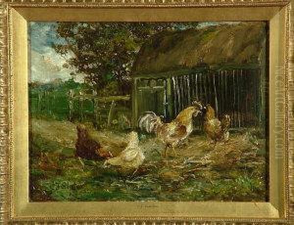 A Cockerel And Three Hens By A Chicken Coup Oil Painting by John Falconar Slater