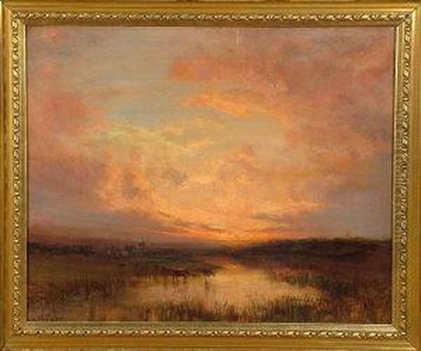 Cattle At A Marshland Pool Below A Setting Sun Oil Painting by John Falconar Slater