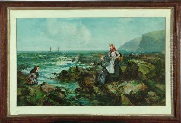 19in. X 32in. Cullercoats Fishergirls On The Shore-chromolithograph Signed On The Plate Oil Painting by John Falconar Slater