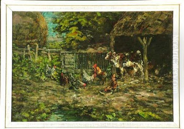 13 1/4in. X 19in. On Board A Calf And Poultry In A Farmyard Signed Oil Painting by John Falconar Slater