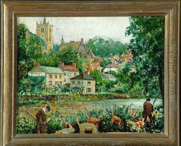 9in. X 11 1/2in. On Board A 
Beagle Hunt Near A Riverside Town With Inscription On The Reverse Oil Painting by John Falconar Slater