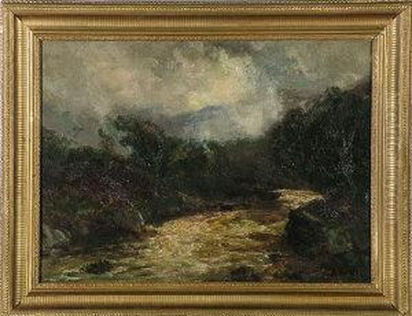 A Northumbrian River With Mist Coming Down Over The Hills In The Distance Oil Painting by John Falconar Slater