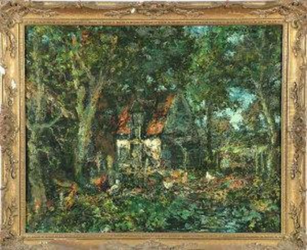 An Impressionistic Farmyard In Summer With Poultry And A Woman By A Gate Oil Painting by John Falconar Slater