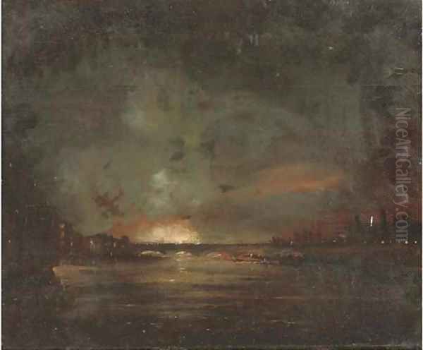 A river landscape at night, thought to be the Thames, with a fire beyond Oil Painting by English School