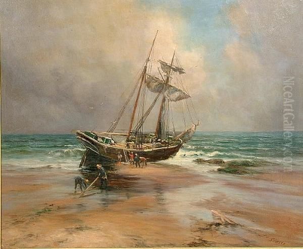 A Boat And Figures Upon A Shore Oil Painting by John Falconar Slater