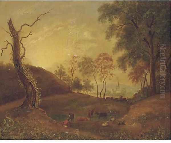 Cattle in an extensive landscape with a church in the distance Oil Painting by English School