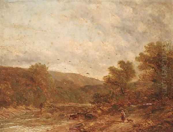 Cattle watering in a wooded landscape; and Figures on a wooded track Oil Painting by English School