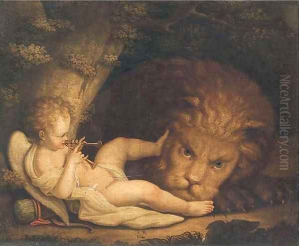 Cupid taming the lion Oil Painting by English School