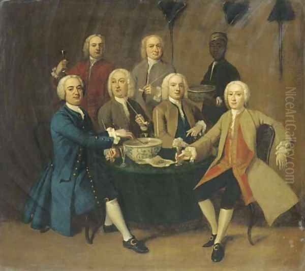 Gentlemen drinking and smoking pipes round a table in an interior, a servant bearing a bowl of punch Oil Painting by English School